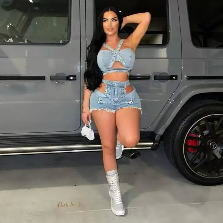 Women's Cutout Denim Top and Shorts Set