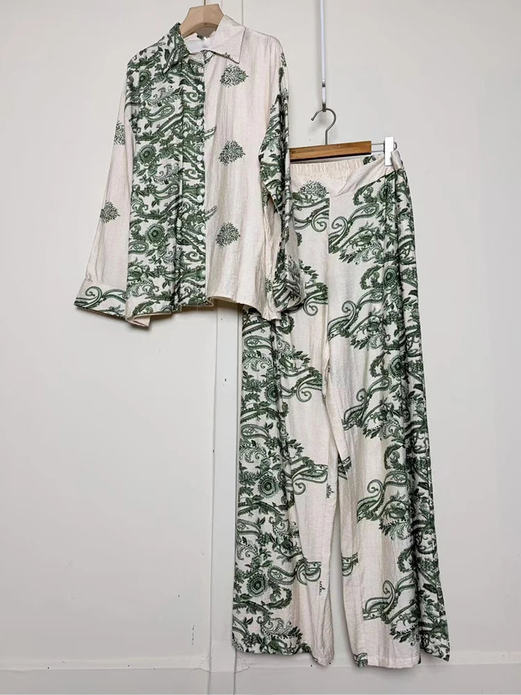 Women's Geometric Button-Up Shirt and Wide-Leg Pants Set