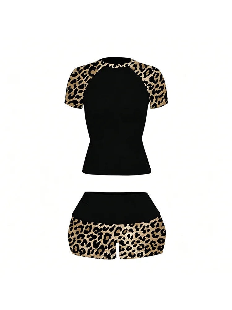 Women's Leopard-Patchwork Tee and Shorts Set