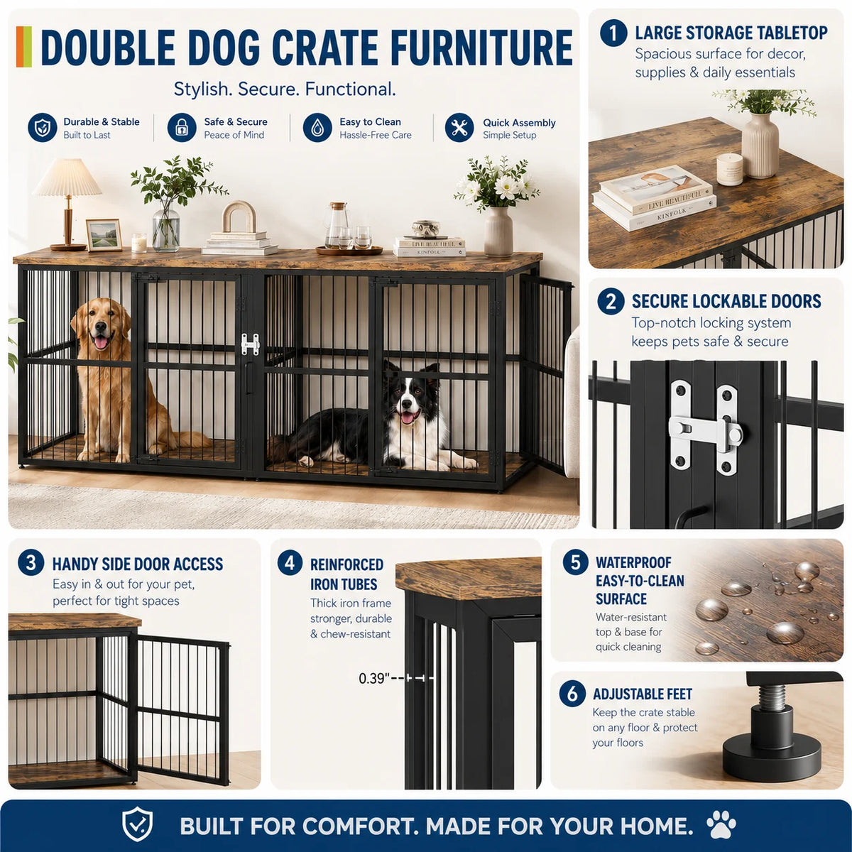 87 Inch Extra Large Double Dog Crate Furniture with Divider 3 Doors Heavy Duty Wooden Indoor Dog Kennel Cabinet TV Stand for 2 Dogs Lockable Pet House with Storage Table Whispering Desires Shoppe