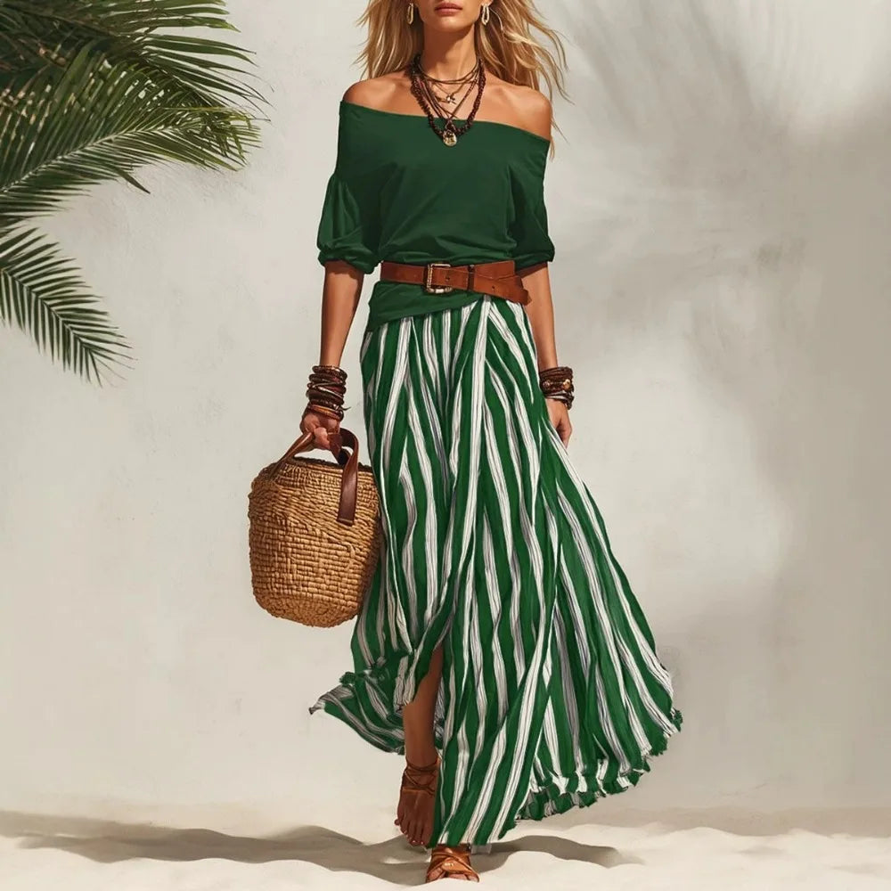Off-Shoulder Puff-Sleeve Top & Maxi Skirt Set