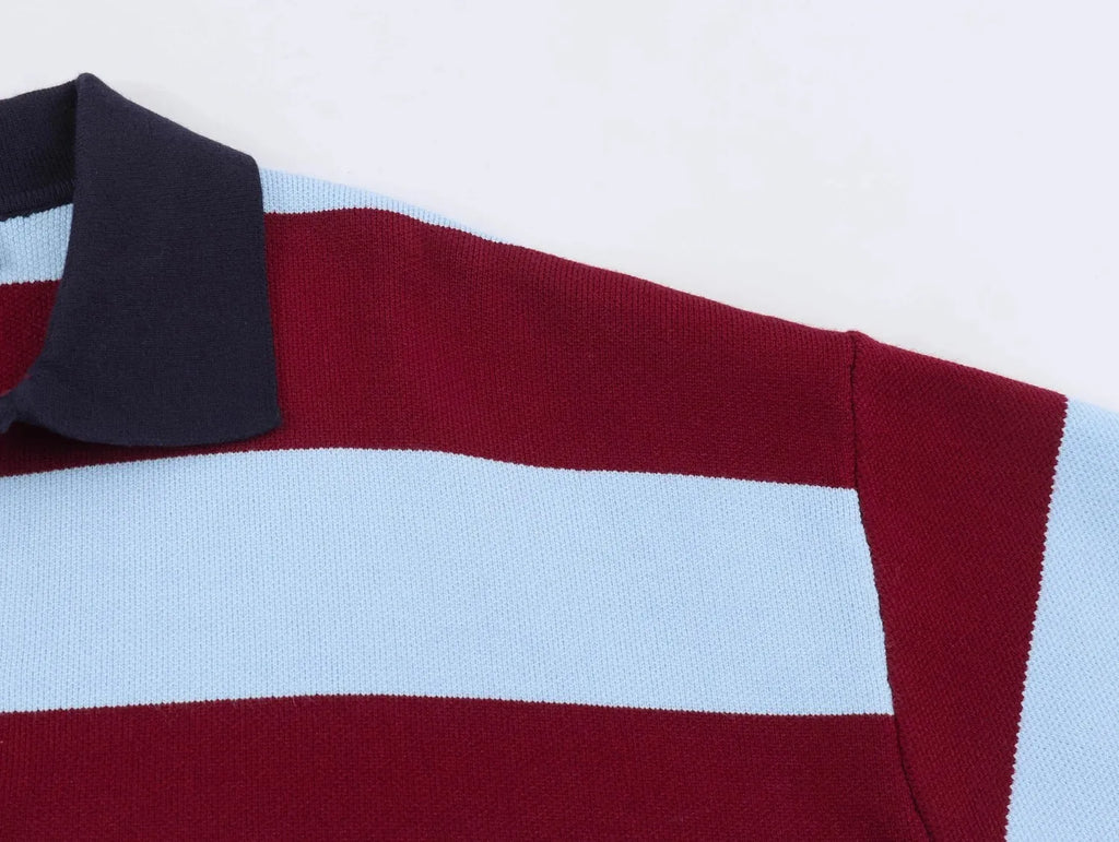 Striped Polo-Collar Long-Sleeve Sweater