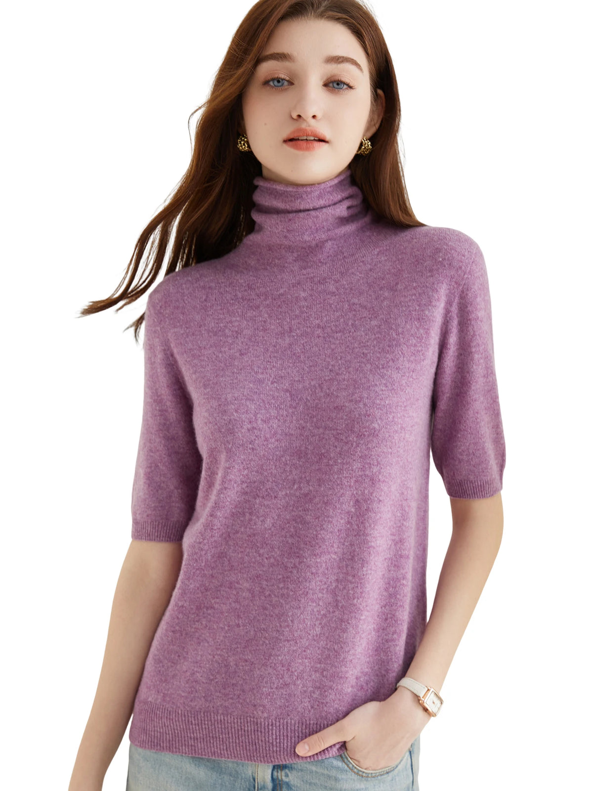 Women's Knit Tops Short Sleeve Fashion Women Sweaters New 100% Merino Wool Knitwears Vintage Sweater Turtleneck Pullover Clothes Dsers