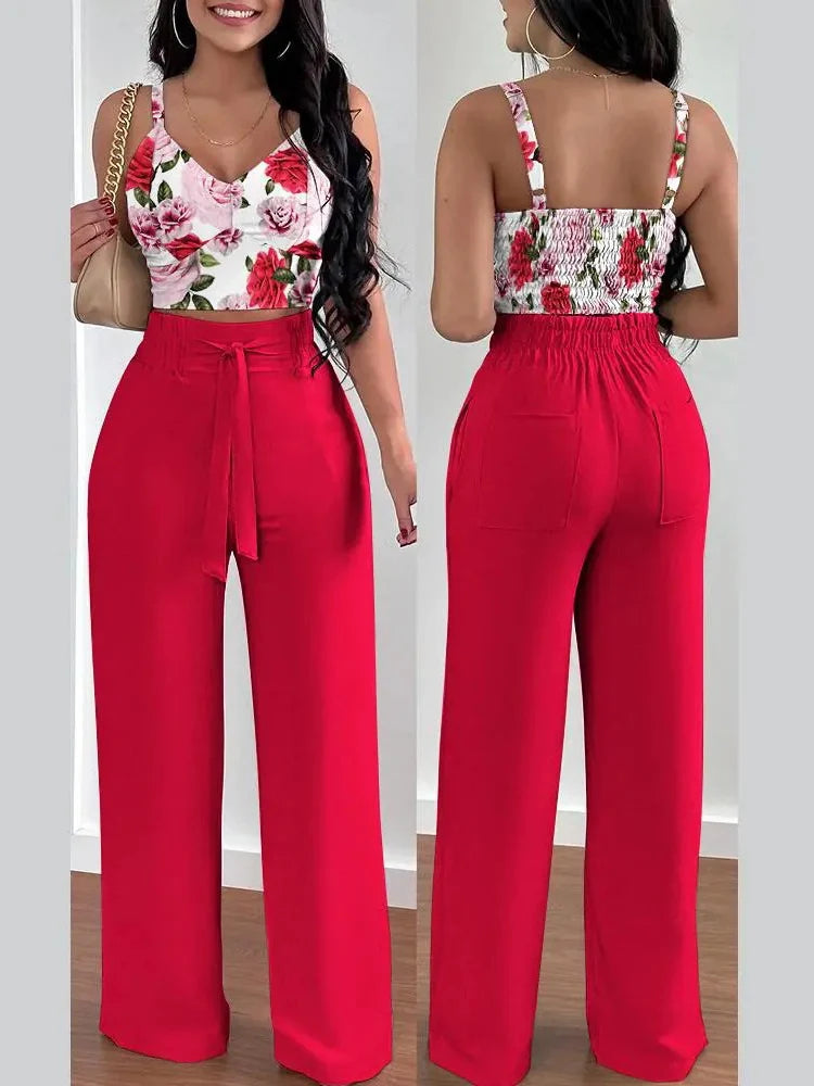 Women's Printed V-Neck Halter Top and Wide-Leg Pants Set