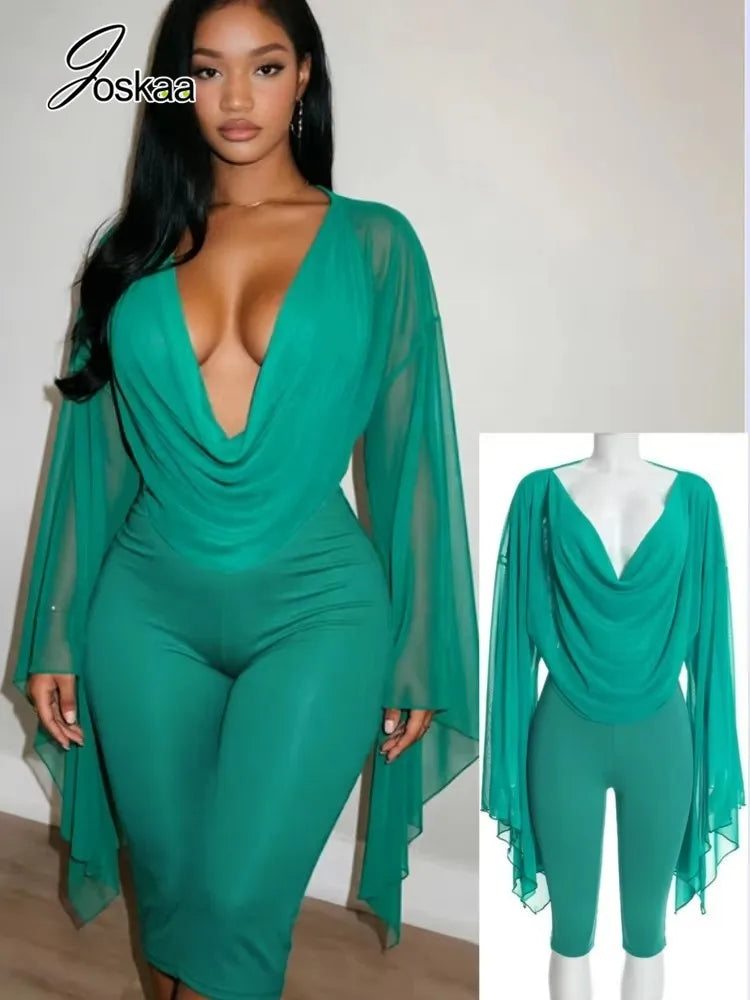 Women's Draped V-Neck Crop Top and Capri Set