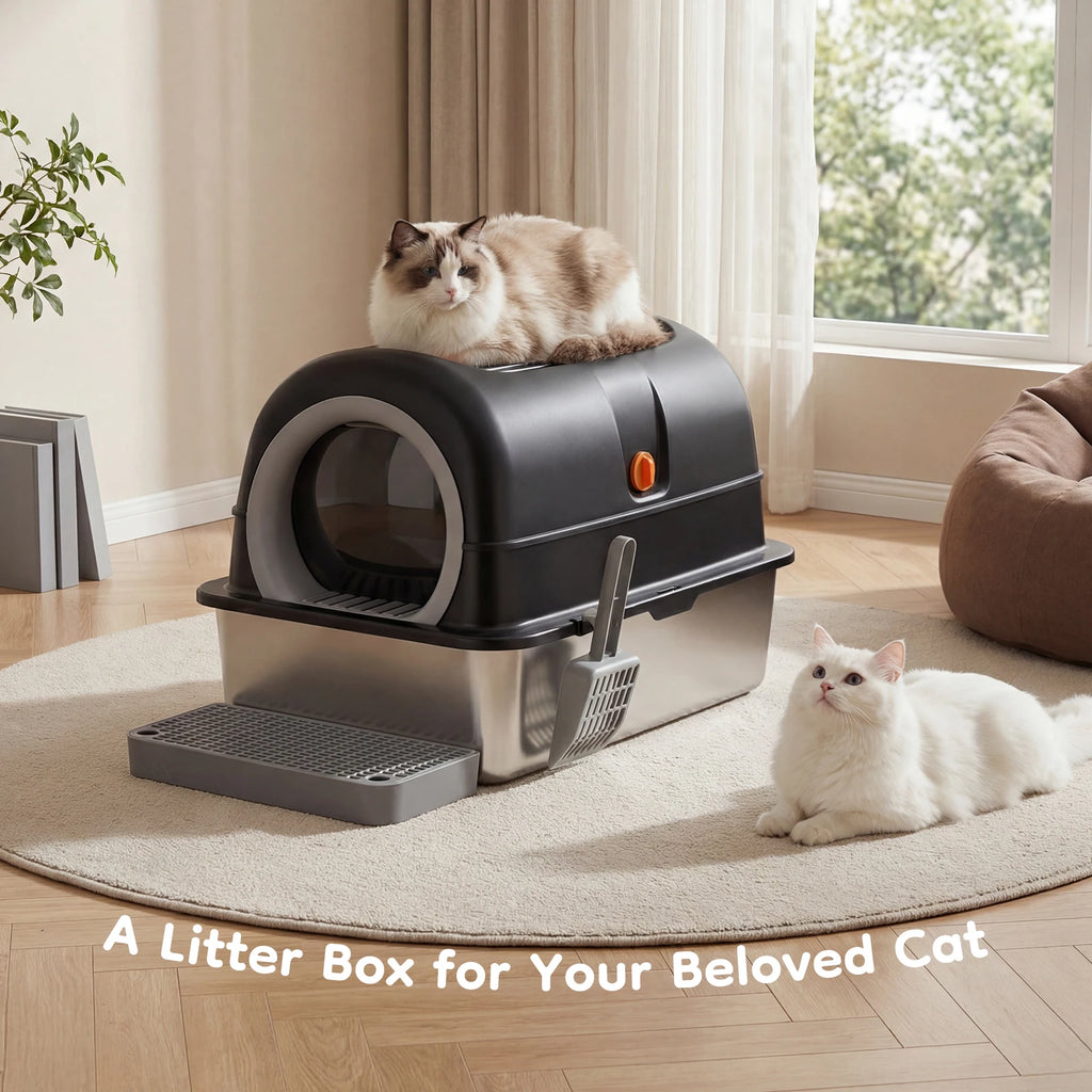 JHK 24IN Stainless Steel Cat Litter Box with Fully Enclosed 30L Large Cat Litter Box for Big Cats Cat Box Scoop and Mat Included Whispering Desires Shoppe