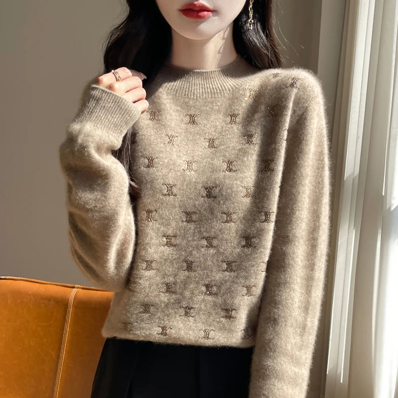 Women Fine Wool Thickening Sweater Half-high Collar Leaf studded With Diamonds Pullover Female Knitted Basis Tops Autumn Winter Dsers