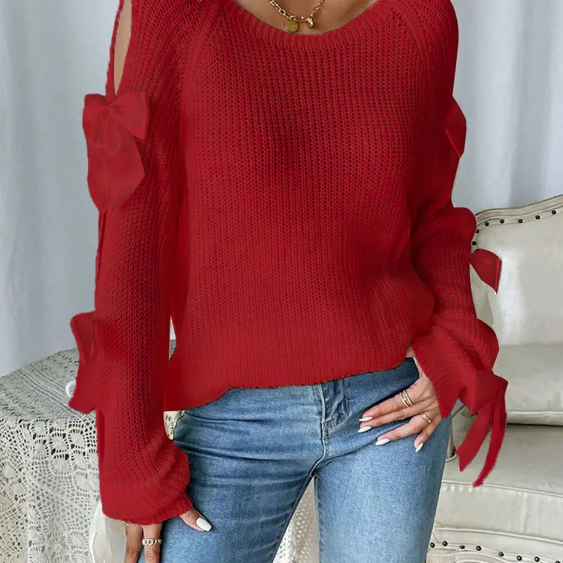 Bow-Detail Cutout Round-Neck Sweater