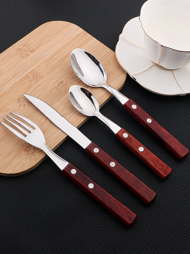 AJOYOUS Wood-Handle Flatware — 24 Pieces