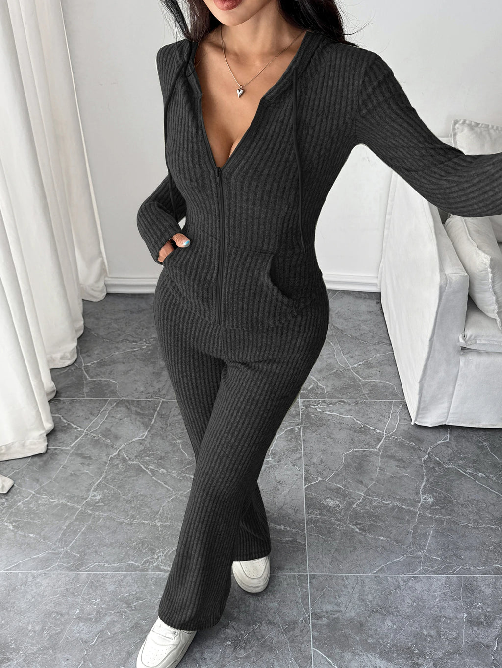 Zip-Up Hooded Top & Flared Pants Set