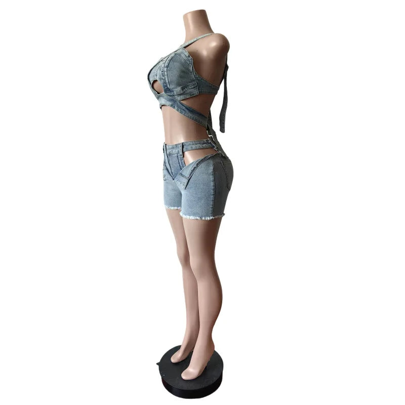 Women's Cutout Denim Top and Shorts Set