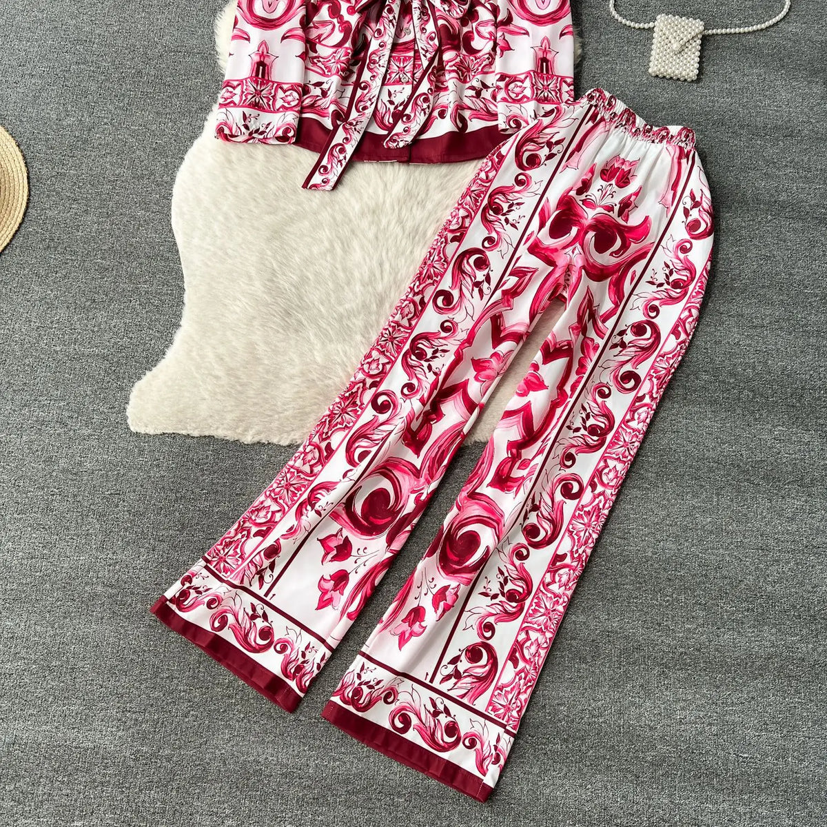 Printed Collar Top & Wide-Leg Pants Set