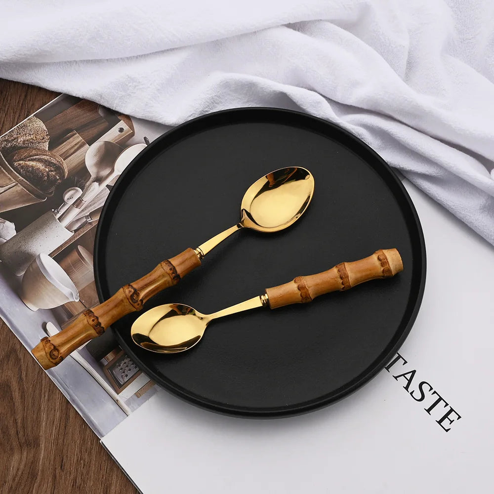 PINKTEN Bamboo-Handle Stainless Steel Flatware