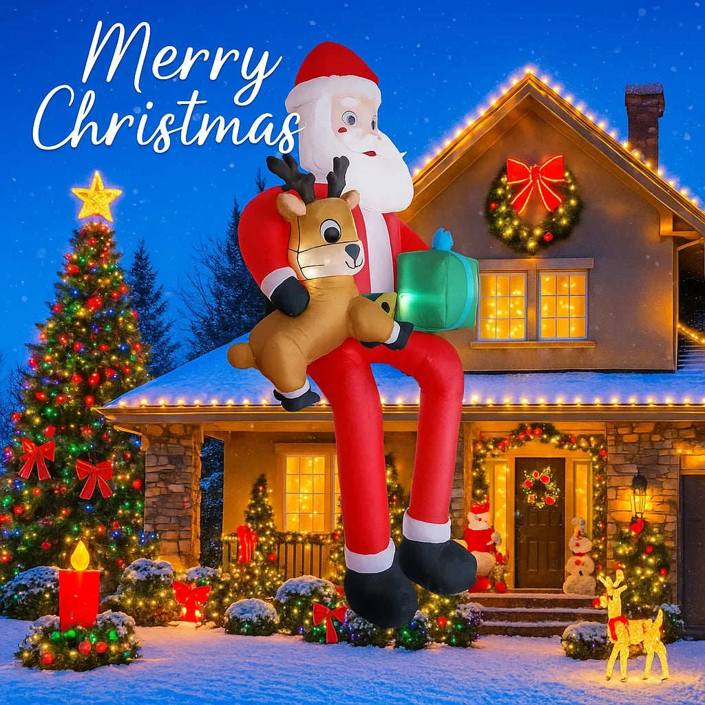 9.5 ft Inflatable Santa & Reindeer Christmas Yard Decoration