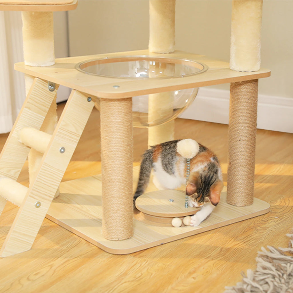 Multi-Level Wooden Cat Tree with Condo & Hammock