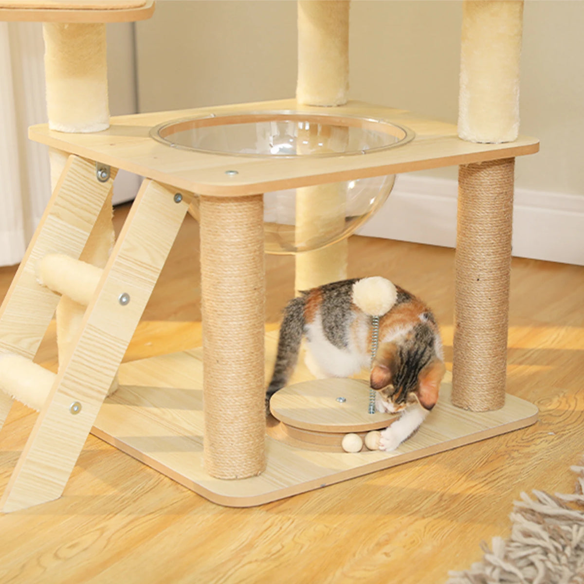 Multi-Level Wooden Cat Tree with Condo & Hammock