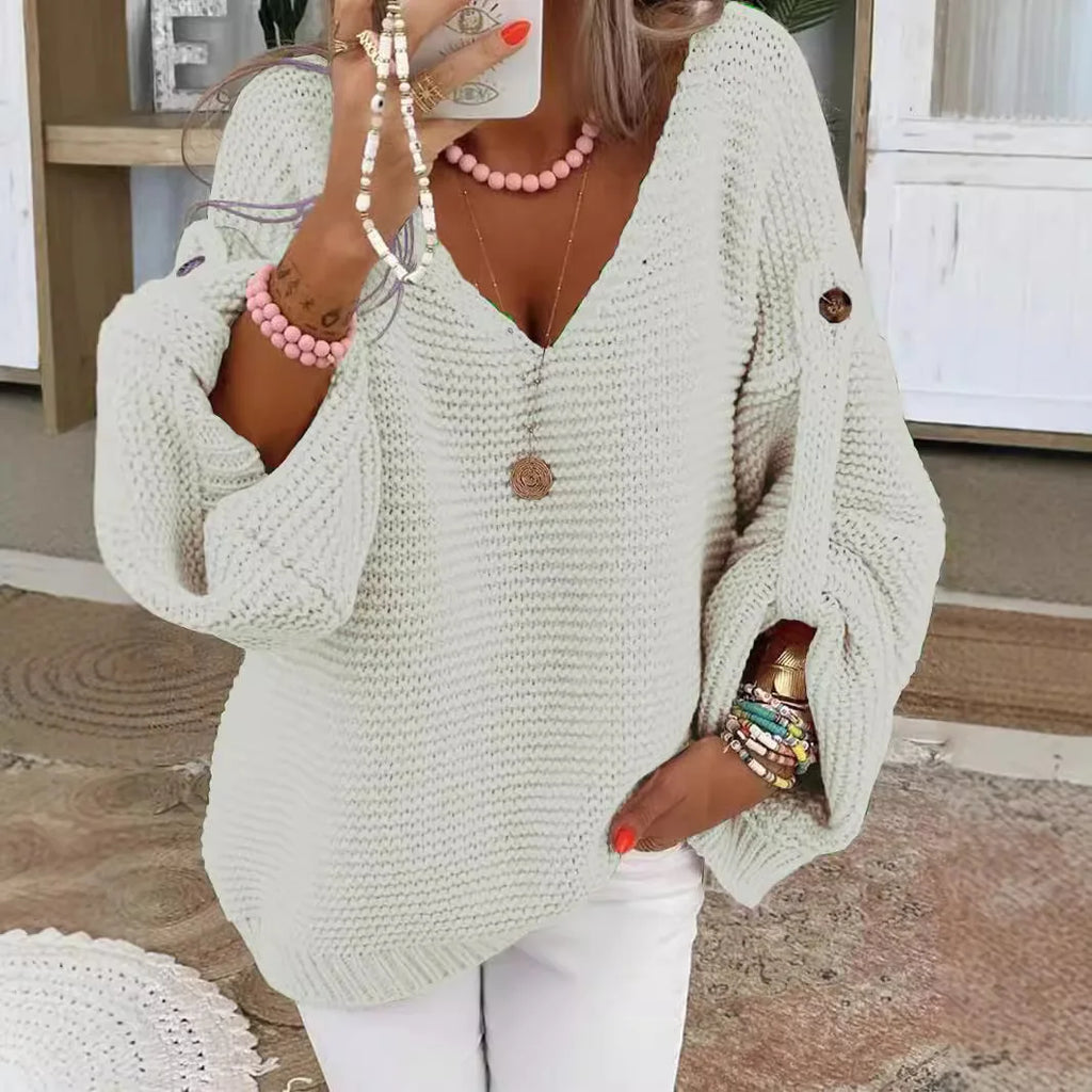Button-Detail V-Neck Lantern-Sleeve Sweater
