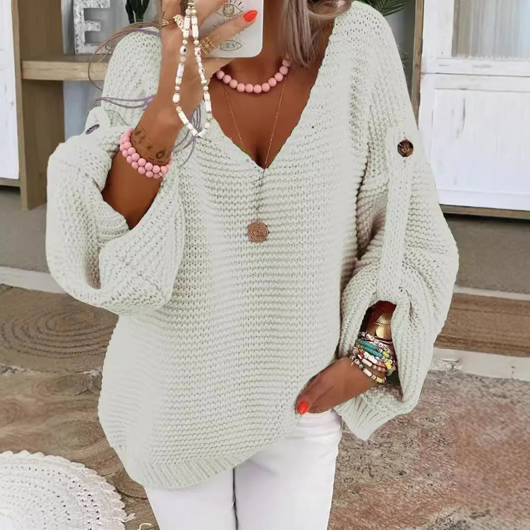 Button-Detail V-Neck Lantern-Sleeve Sweater