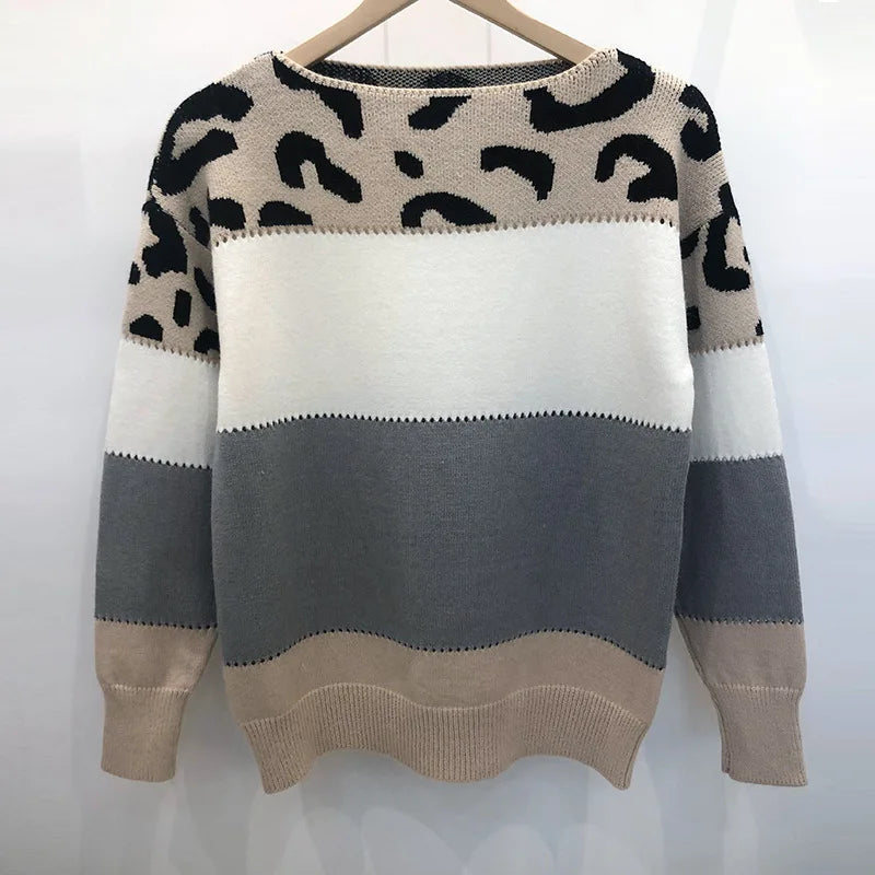 Women Sweaters Contrast Leopard Color Pullovers Loose Autumn Winter Long Sleeve Sweater Jumper Pull Femme Knitwear Oversized Dsers