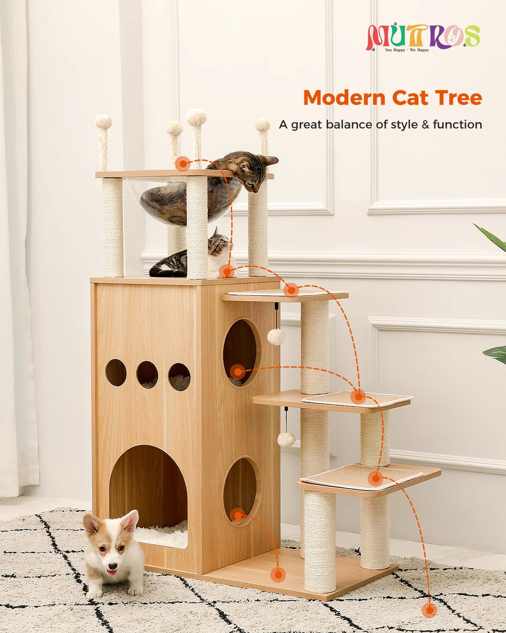 Multi-Level Wooden Cat Tree with Condo & Hammock