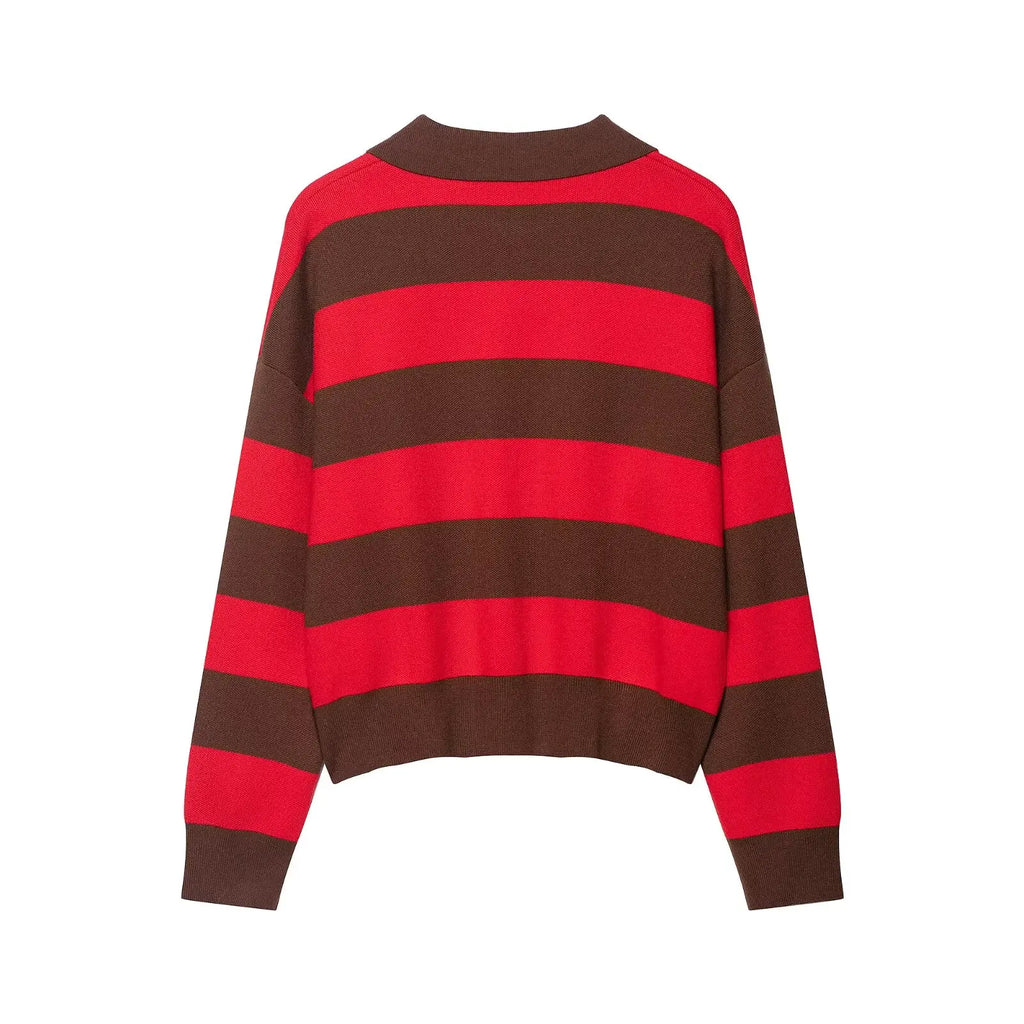 Striped Polo-Collar Long-Sleeve Sweater
