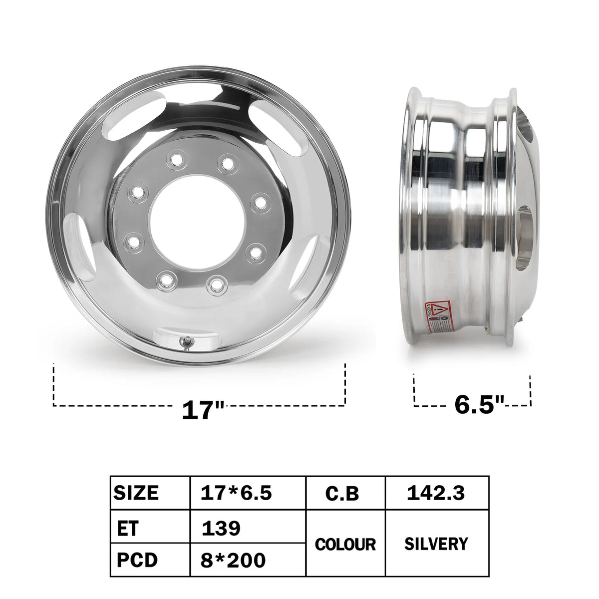 17×6.5 Front Dually Alloy Wheel – 8×200, Polished