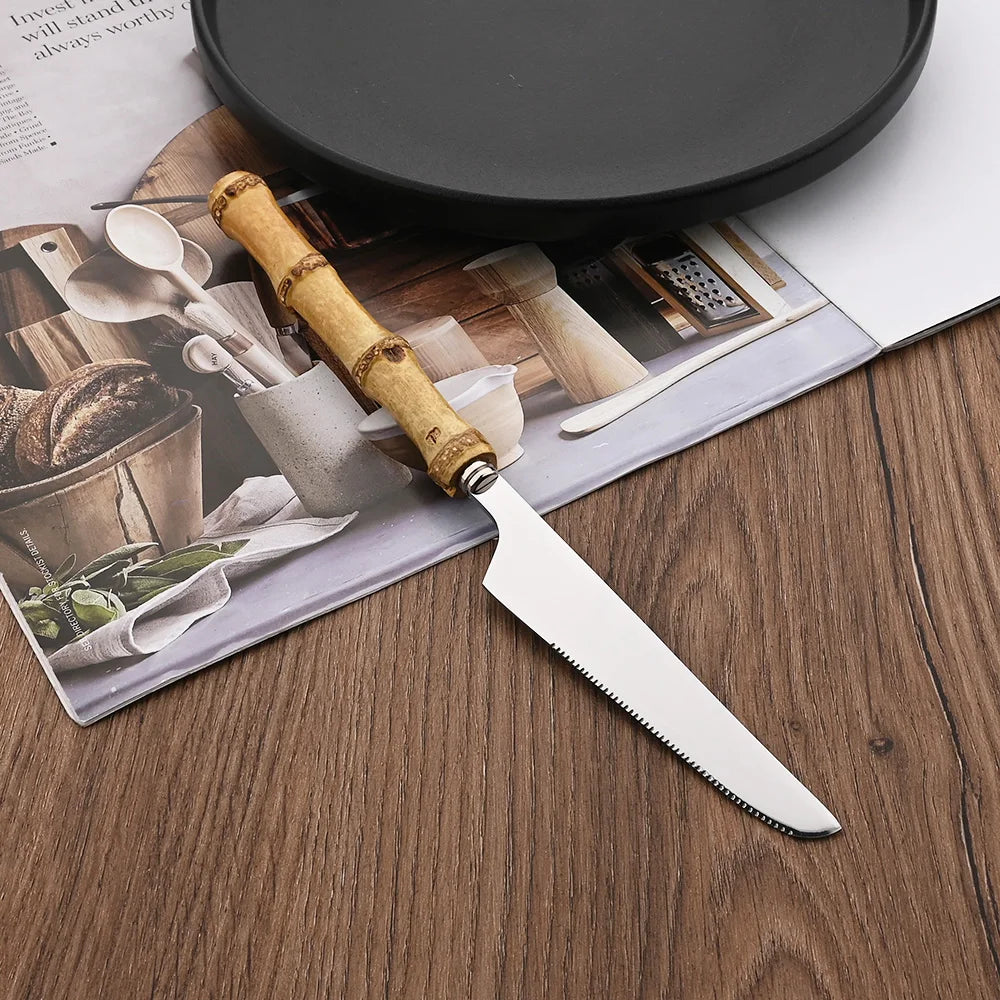 PINKTEN Bamboo-Handle Stainless Steel Flatware