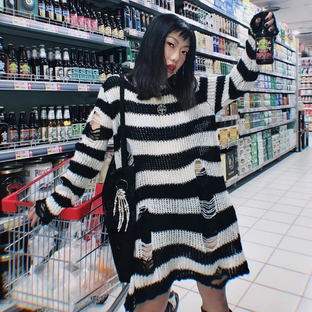 Karrram Punk Gothic Sweater Emo Tops E-girls Mall Goth Pullovers Y2k Harajuku Grunge Clothes Alt Dark Aesthetic Striped Jumpers Dsers