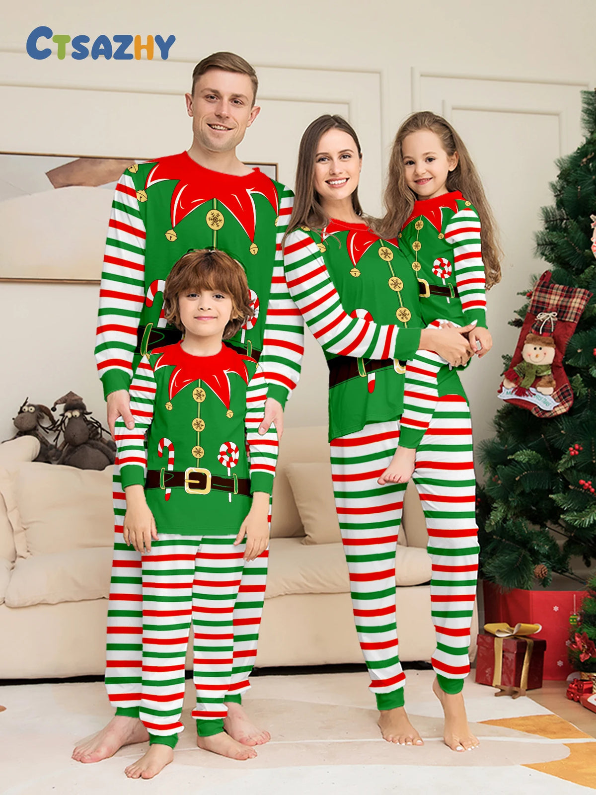 Green Elf Stripe Family Christmas Pajamas