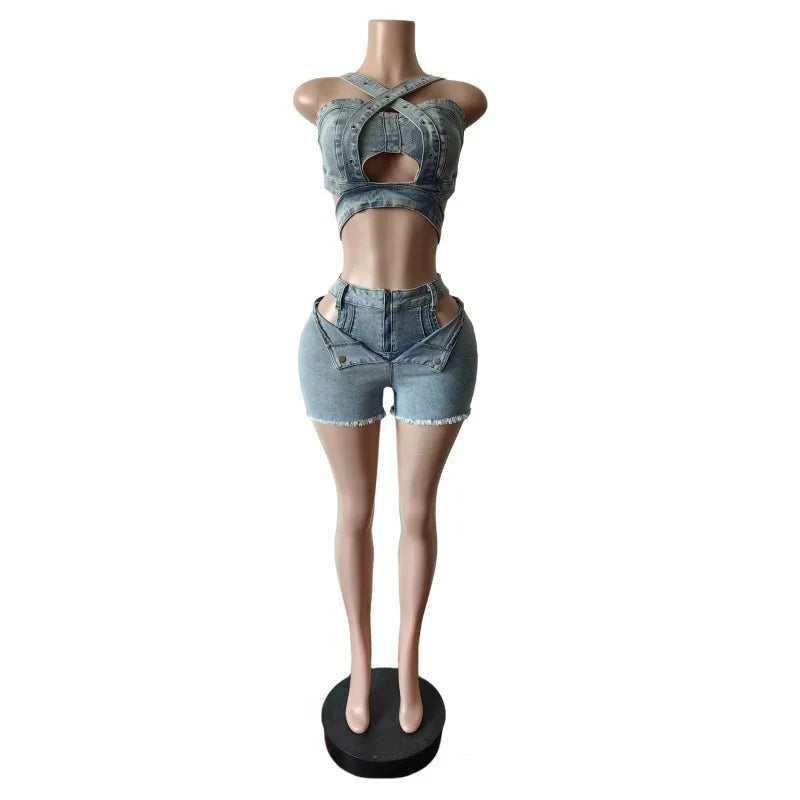 Women's Cutout Denim Top and Shorts Set