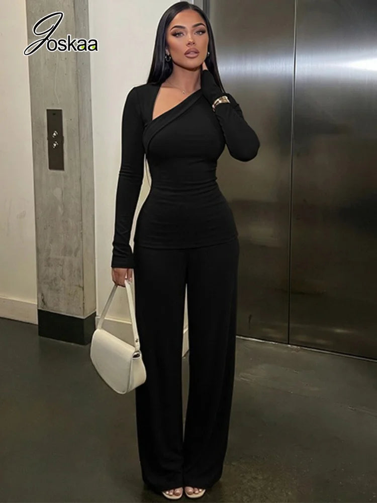 Women's Asymmetric Long-Sleeve Top and Flared Pants Set