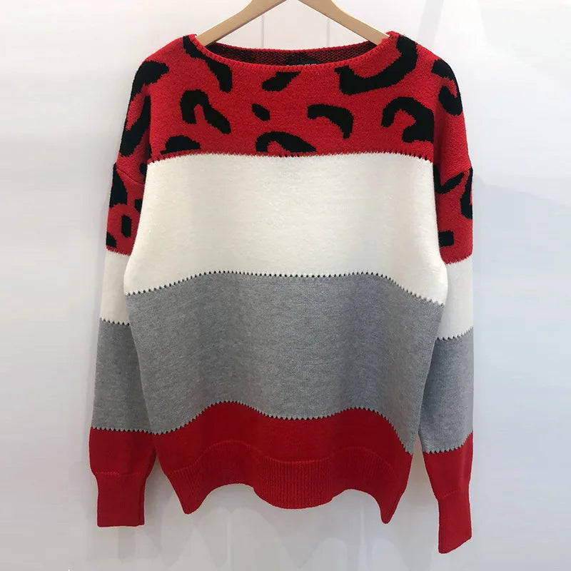 Women Sweaters Contrast Leopard Color Pullovers Loose Autumn Winter Long Sleeve Sweater Jumper Pull Femme Knitwear Oversized Dsers