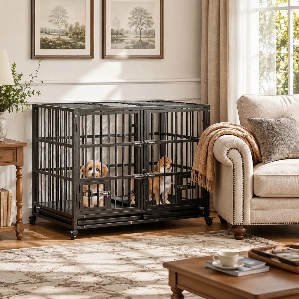 42" Metal Dog Crate with Wheels & Removable Tray