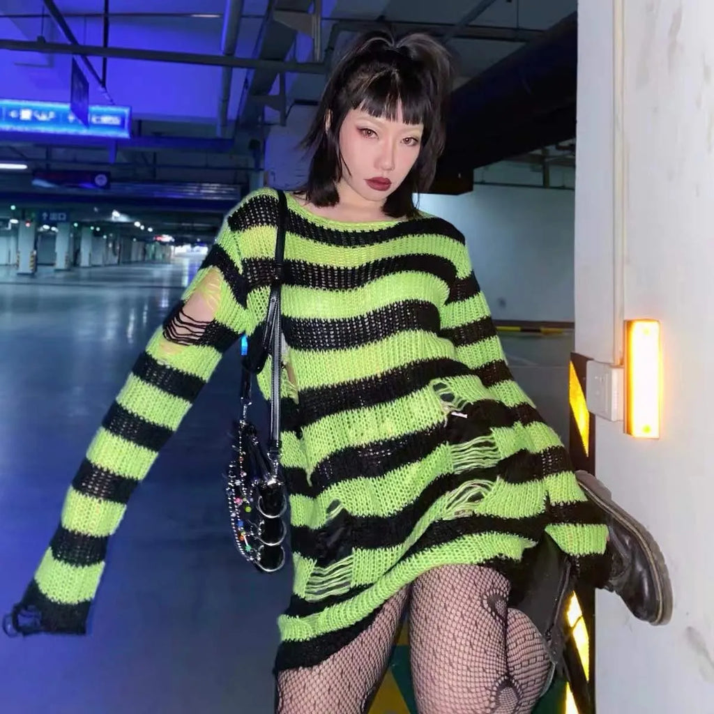 Karrram Punk Gothic Sweater Emo Tops E-girls Mall Goth Pullovers Y2k Harajuku Grunge Clothes Alt Dark Aesthetic Striped Jumpers Dsers