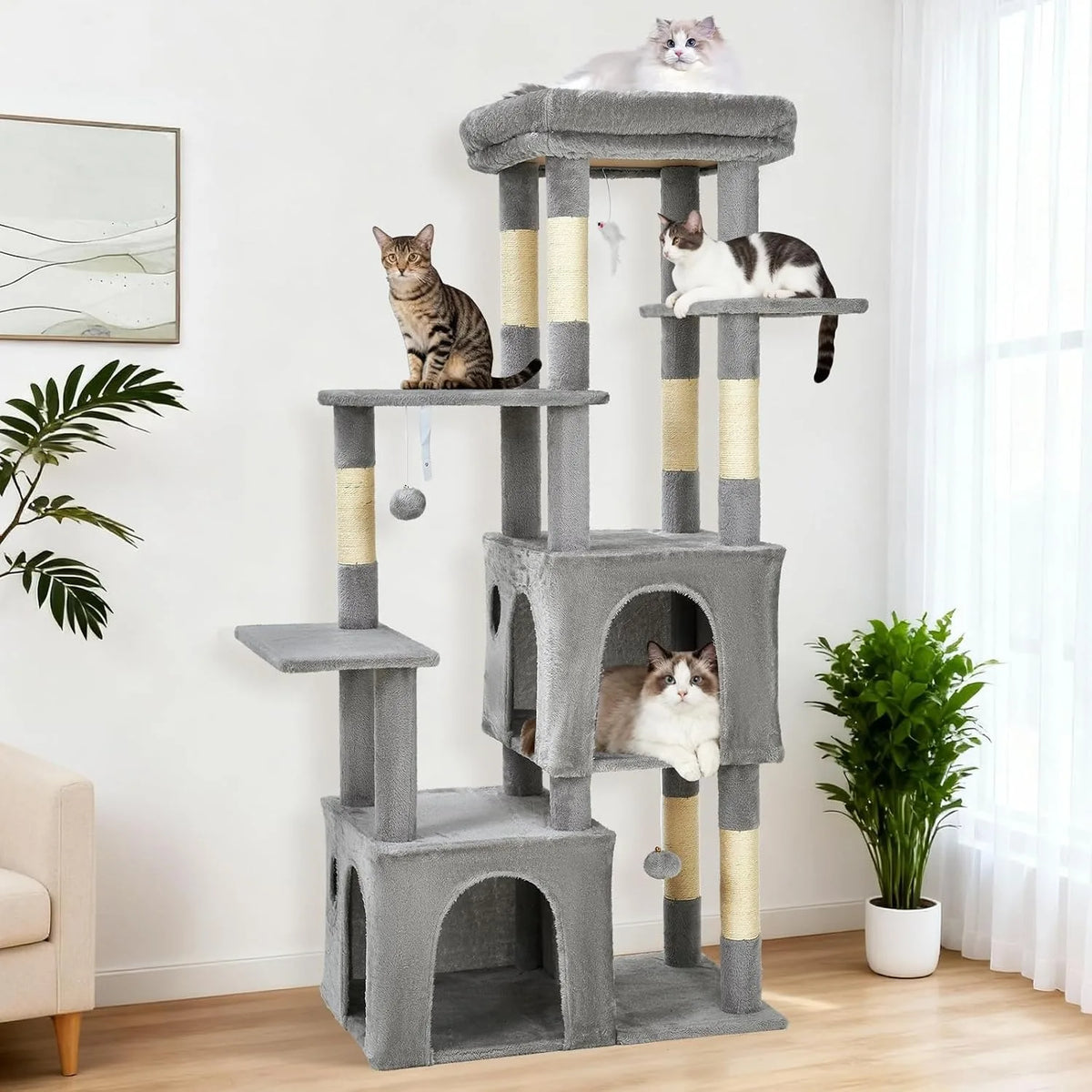 61" Cat Tree with Two Condos & Seven Scratching Posts