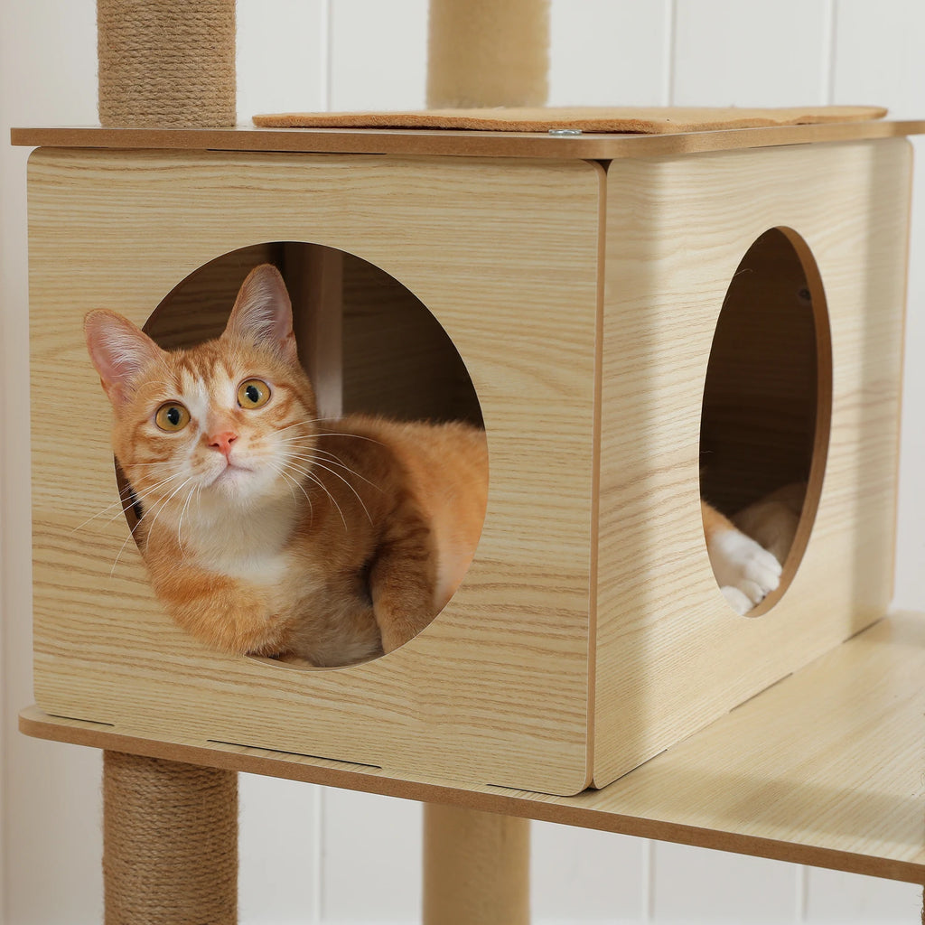 Multi-Level Wooden Cat Tree with Condo & Hammock