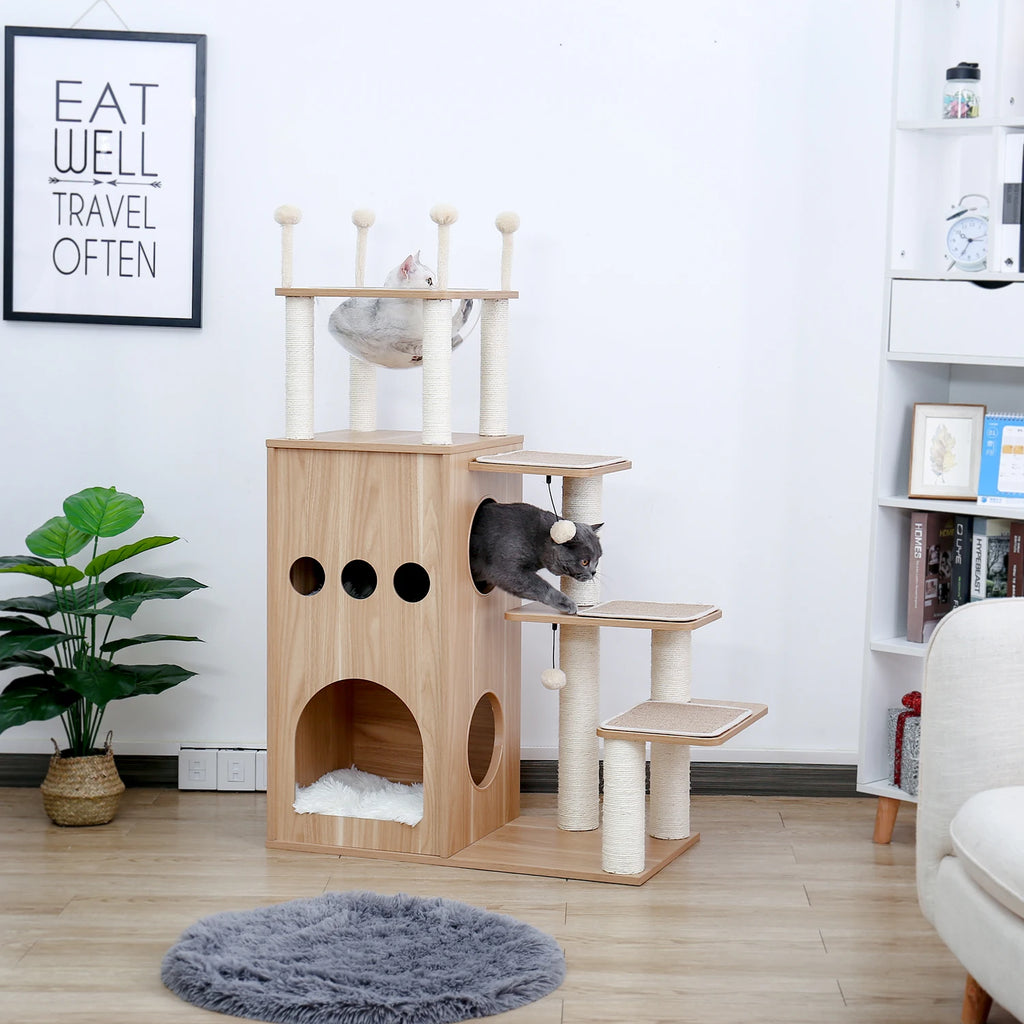 Multi-Level Wooden Cat Tree with Condo & Hammock