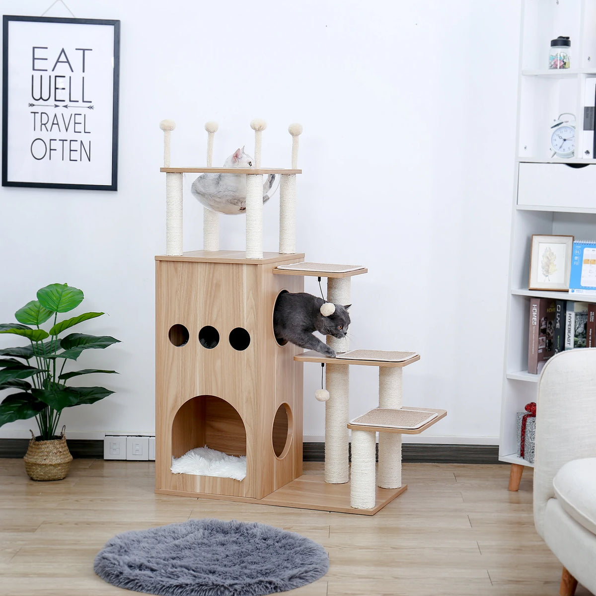 Multi-Level Wooden Cat Tree with Condo & Hammock