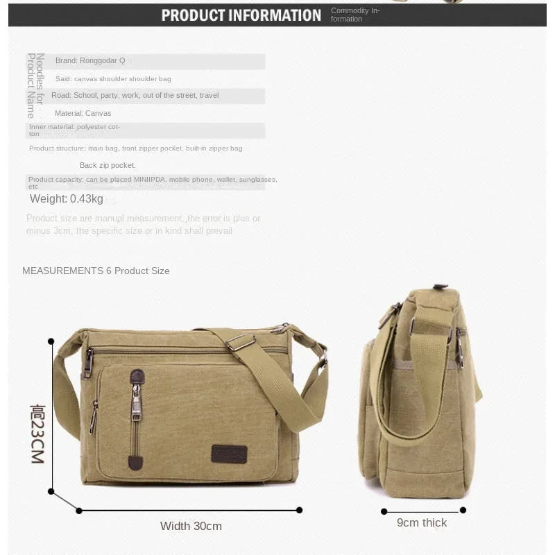 Unisex Canvas Multi-Pocket Crossbody Satchel