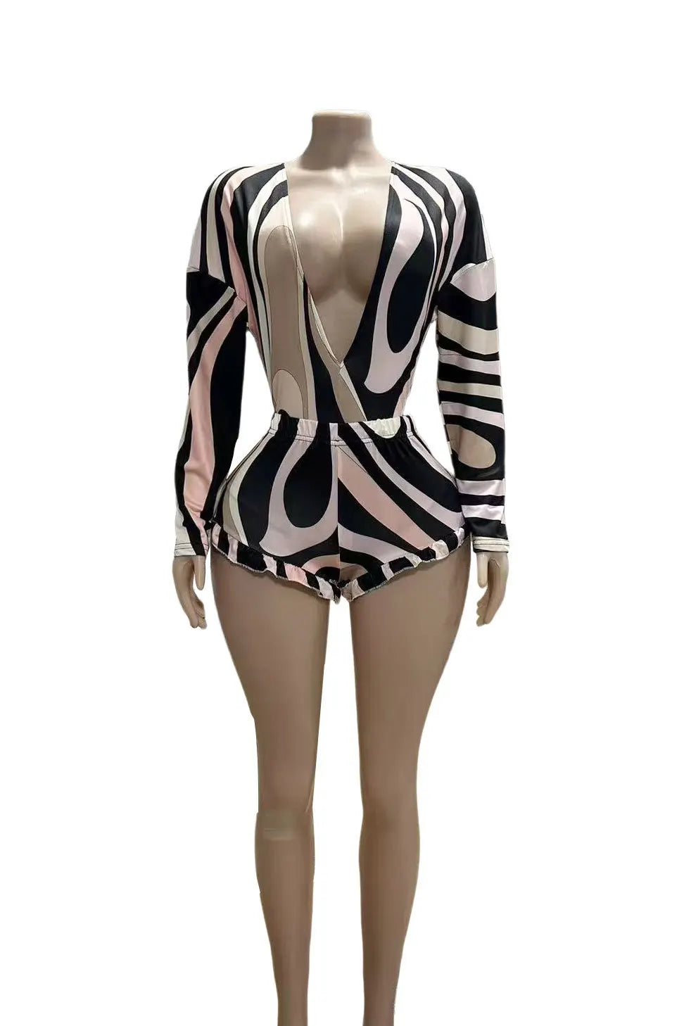 V-Neck Bodysuit & Mesh Shorts Set
