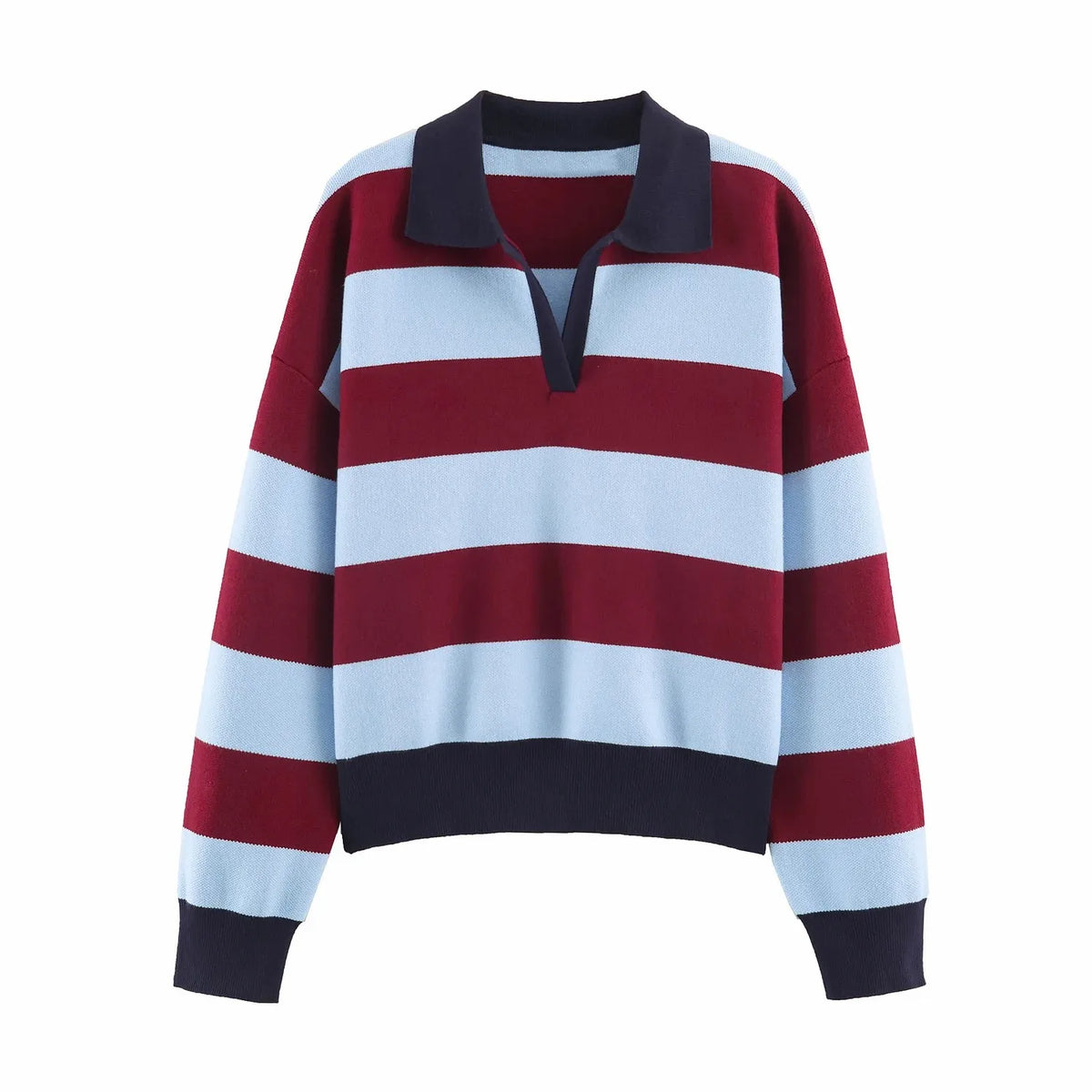 Striped Polo-Collar Long-Sleeve Sweater