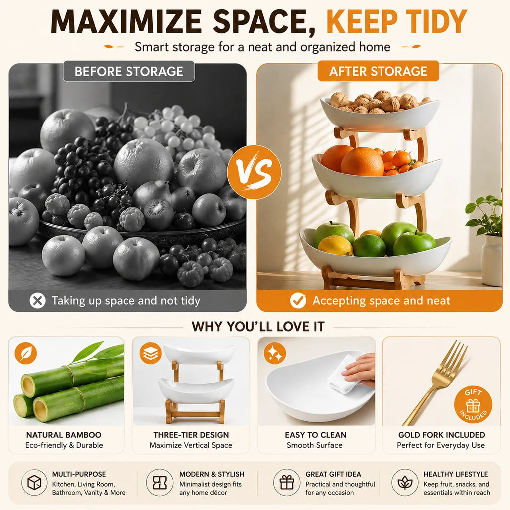 Bamboo-Frame Tiered Fruit Stand with PP Bowls