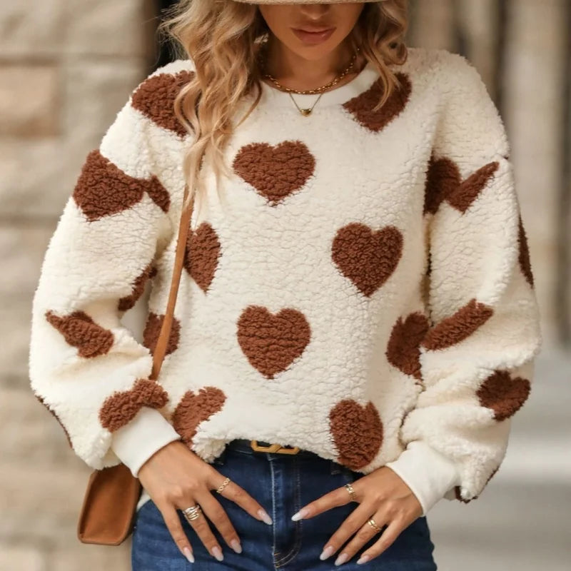 Heart-Print Round-Neck Knit Sweater