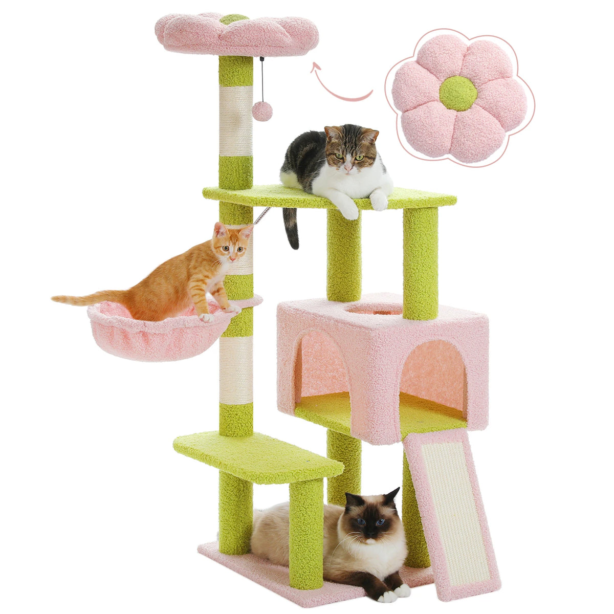 120cm Flower Cat Tree with Ramp & Hammock