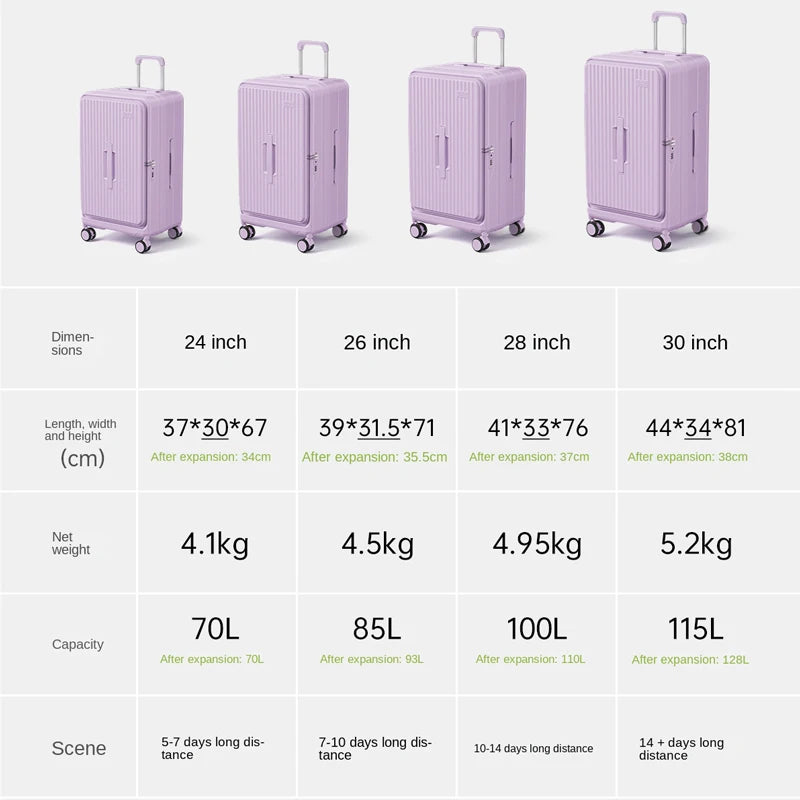 Side-Opening Lid Large Capacity Travel Suitcase Lightweight Pure PC Expandable Trolley Case 24/26/28/30inch Luggage High Quality Whispering Desires Shoppe