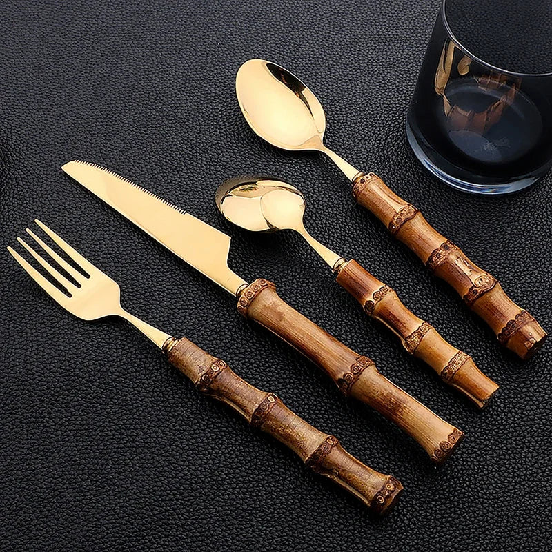 JANKNG Bamboo-Handle Flatware — 24 Pieces