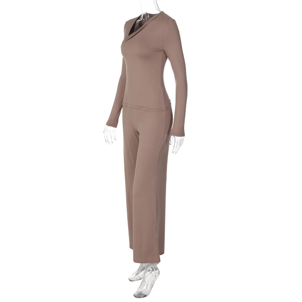 Women's Asymmetric Long-Sleeve Top and Flared Pants Set