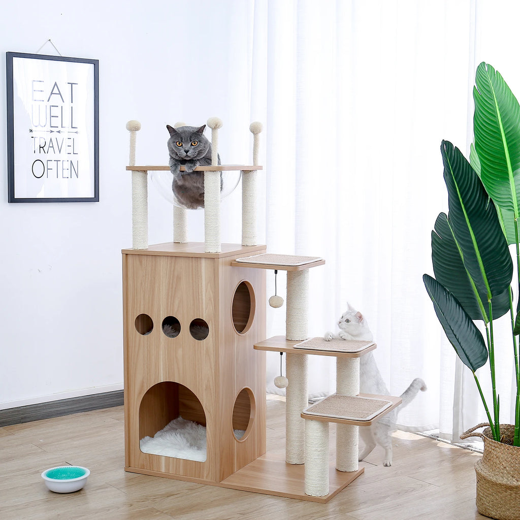 Multi-Level Wooden Cat Tree with Condo & Hammock
