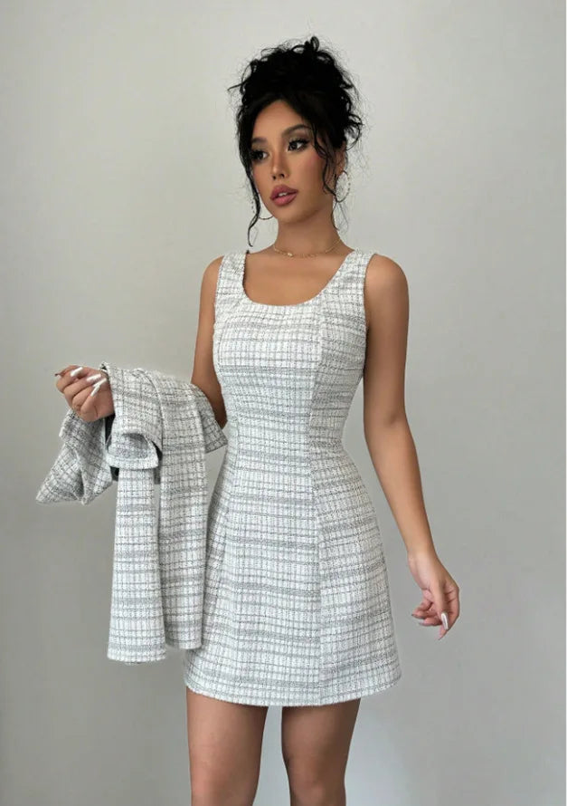 Women's Plaid Cropped Jacket and Corset-Style Dress Set