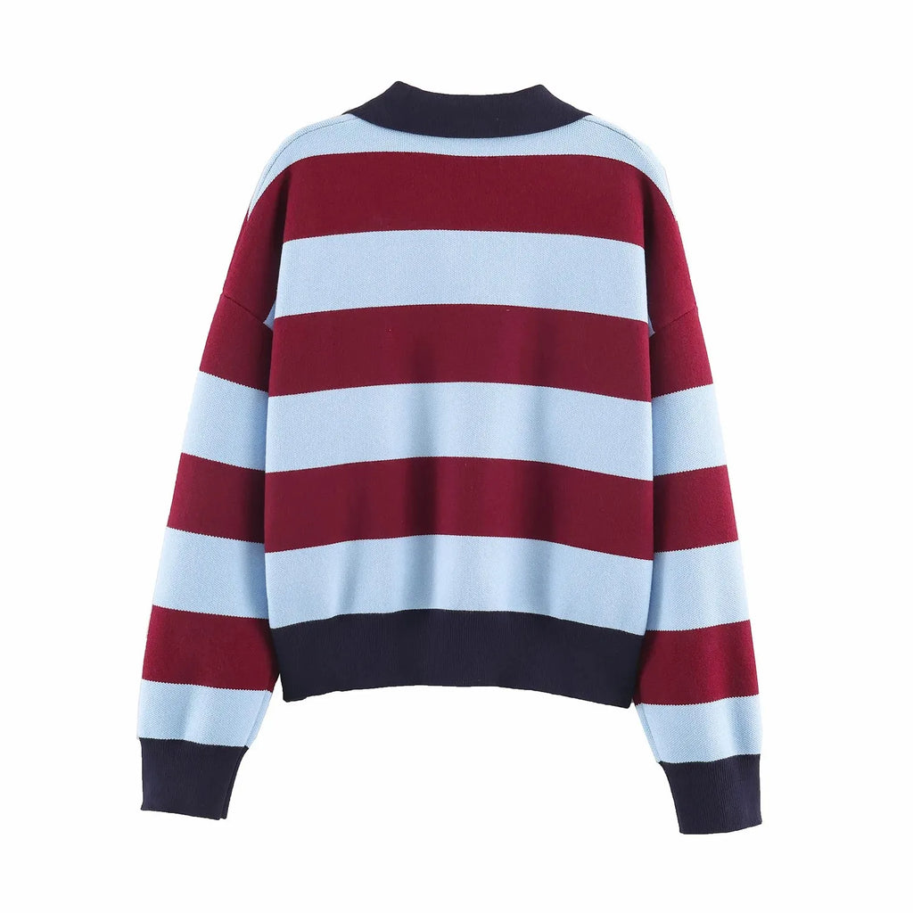 Striped Polo-Collar Long-Sleeve Sweater
